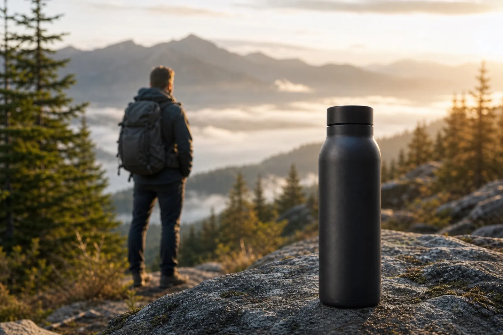Dieselbe fiktive schwarze Reiseflasche in einer Berglandschaft mit einem Wanderer im Hintergrund