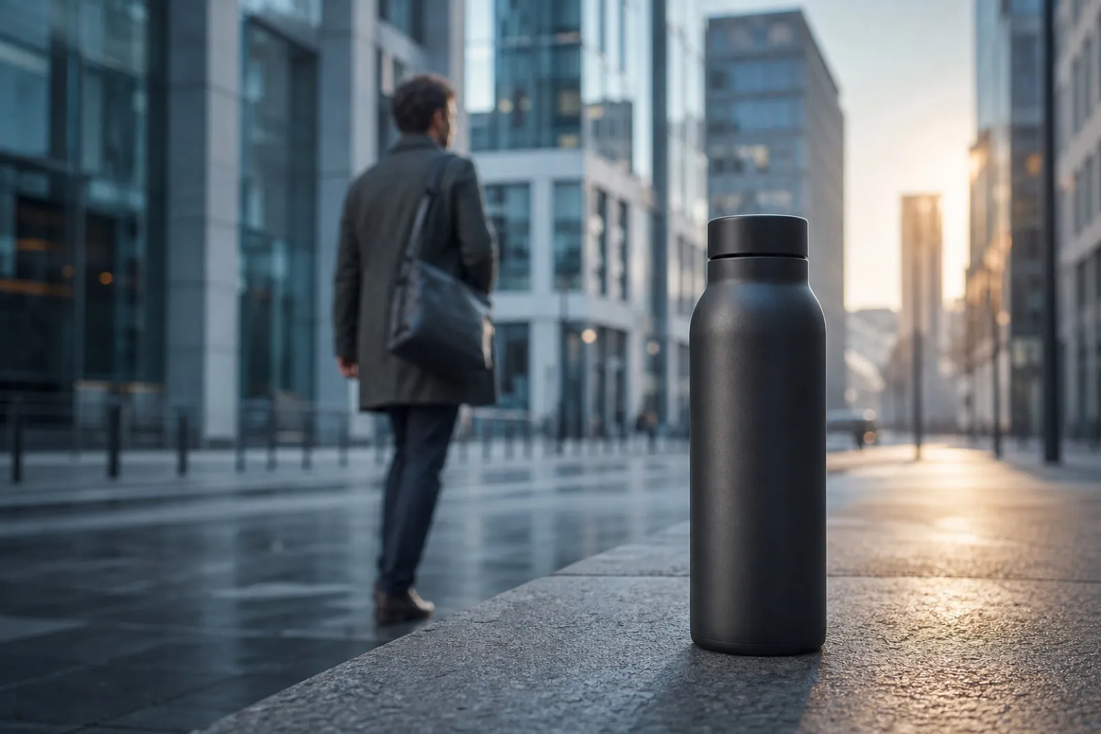 Fiktive schwarze Reiseflasche in einer modernen urbanen Umgebung mit einem Pendler im Hintergrund