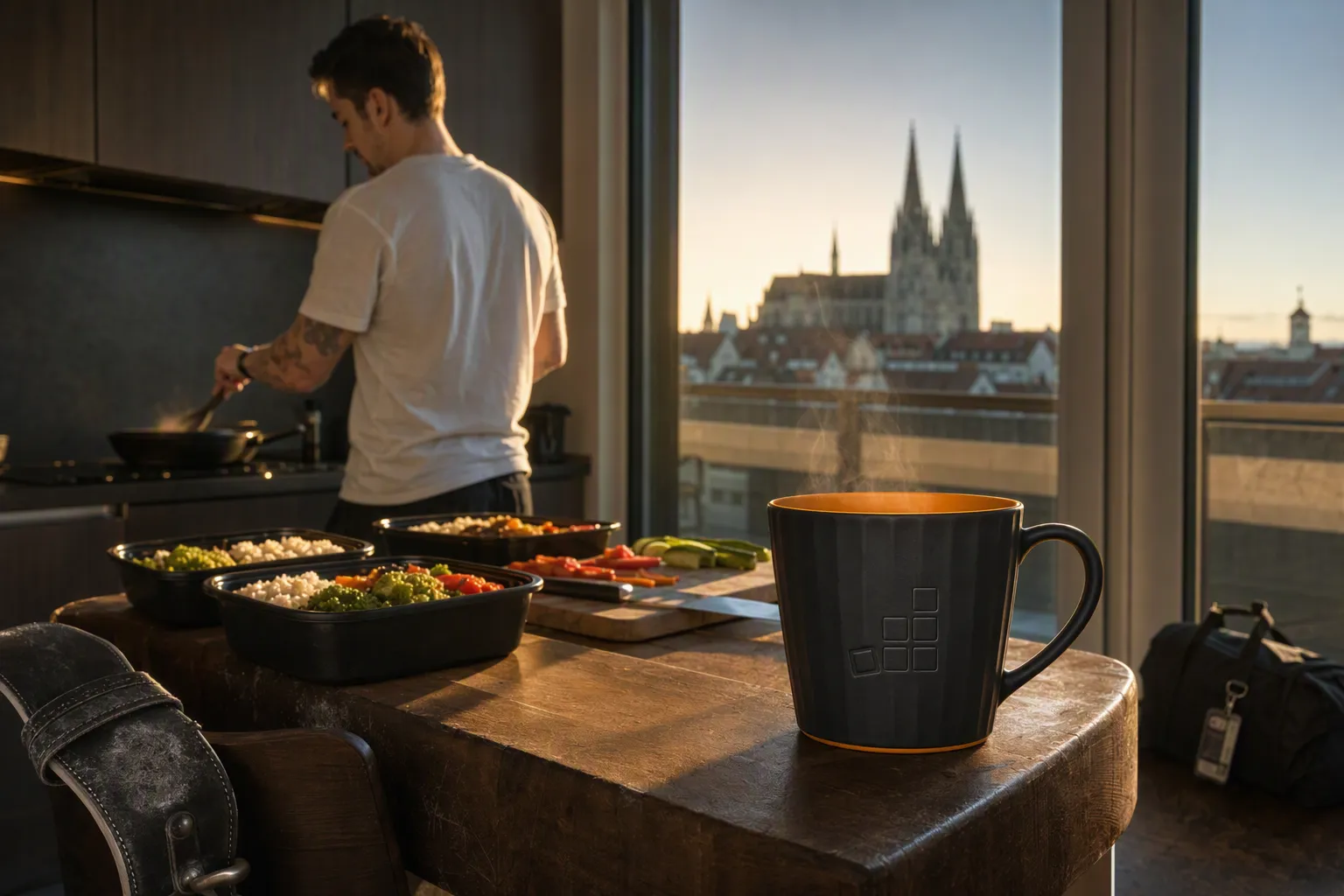 Cloud Nation Mug auf einem Holztresen vor einem Panoramafenster mit Blick auf die Altstadt, im Hintergrund eine Person beim Kochen in der Abendsonne
