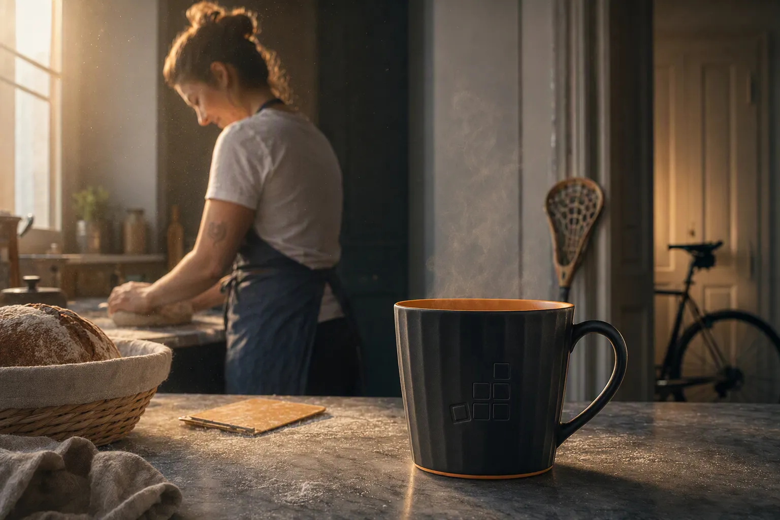 Cloud Nation Mug auf einer Steinarbeitsplatte, im Hintergrund eine Person beim Formen eines Brotteigs im Morgenlicht