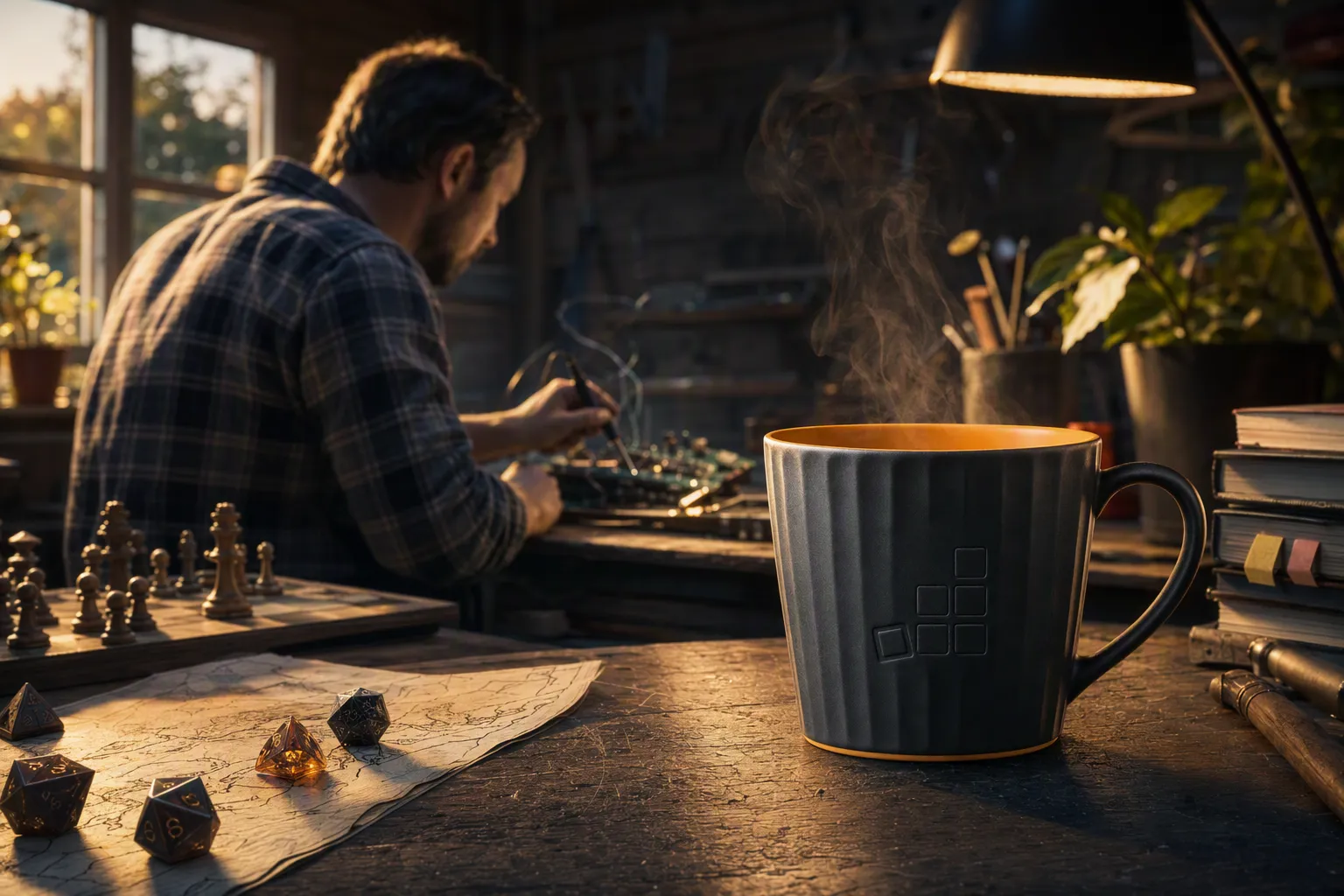 Cloud Nation Mug auf einer Werkbank neben Schachfiguren und Rollenspielwürfeln, im Hintergrund eine Person beim Löten einer Platine
