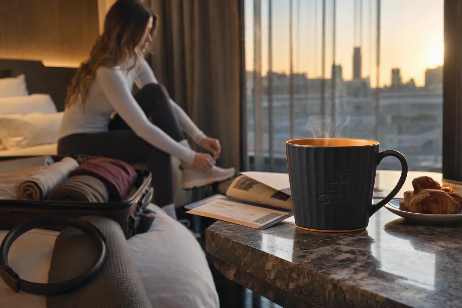 Cloud Nation Mug auf einer Marmorablage in einem Hotelzimmer, im Hintergrund eine Person, die sich vor der Skyline im Sonnenaufgang die Laufschuhe schnürt