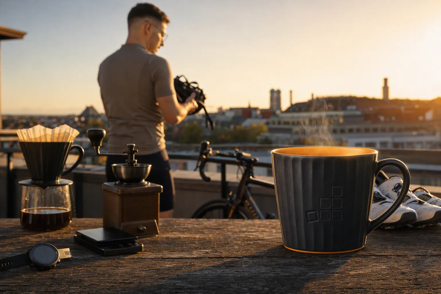 Cloud Nation Mug auf einem Holztisch einer Dachterrasse über der Stadt, im Hintergrund eine Person mit Rennrad und Kaffeezubereitung im Abendlicht