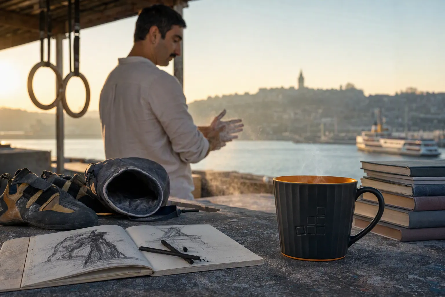 Cloud Nation Mug auf einer Steinbrüstung am Wasser neben Kletterschuhen und einem Skizzenbuch, im Hintergrund eine Person, die sich Magnesia von den Händen klopft